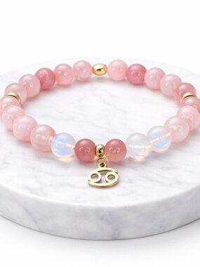 Strawberry Agate Opal Bracelet Gold Cancer Zodiac Charm Beaded Stretch Jewelry